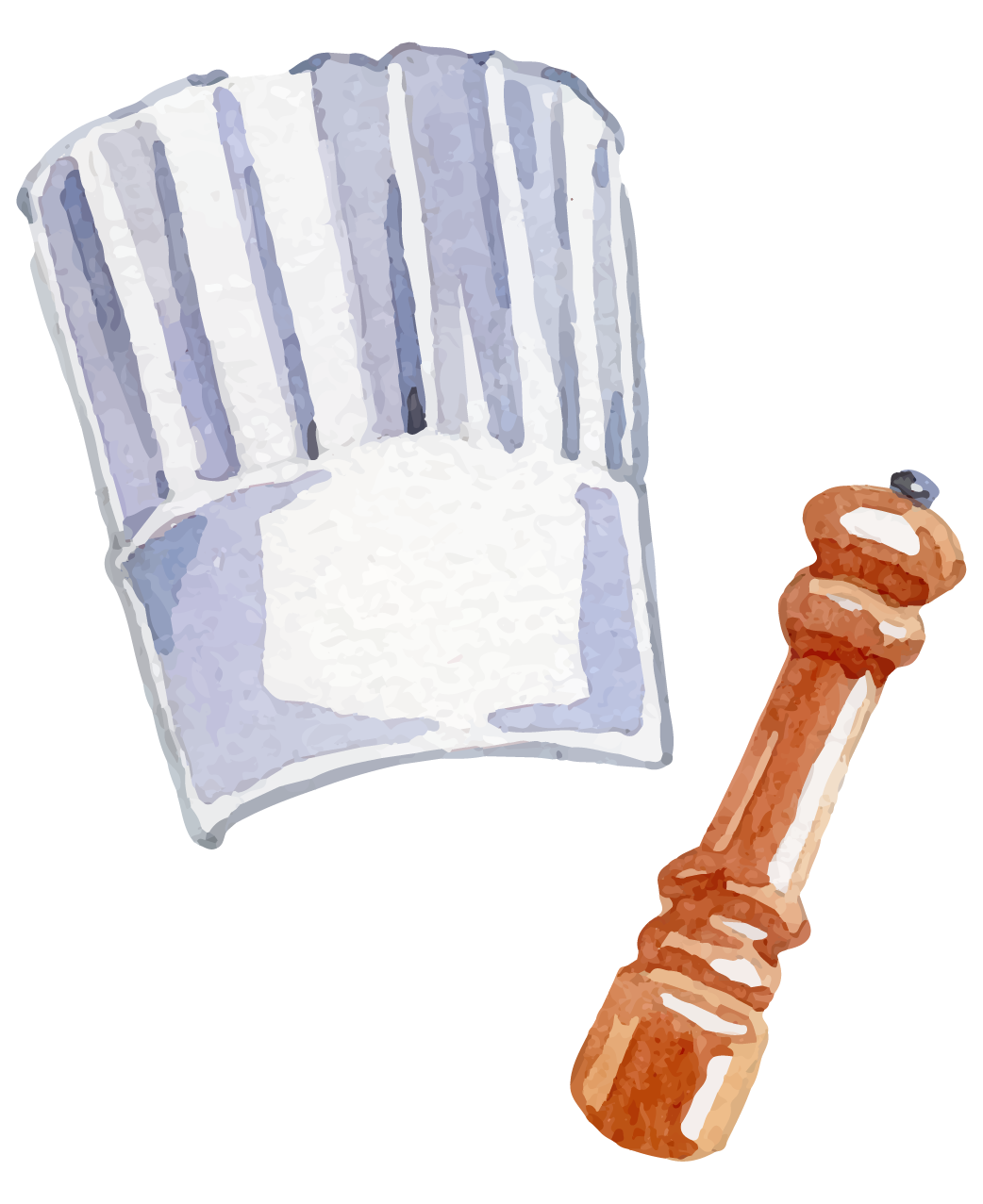 A watercolor painting of a chef 's hat and a pepper mill