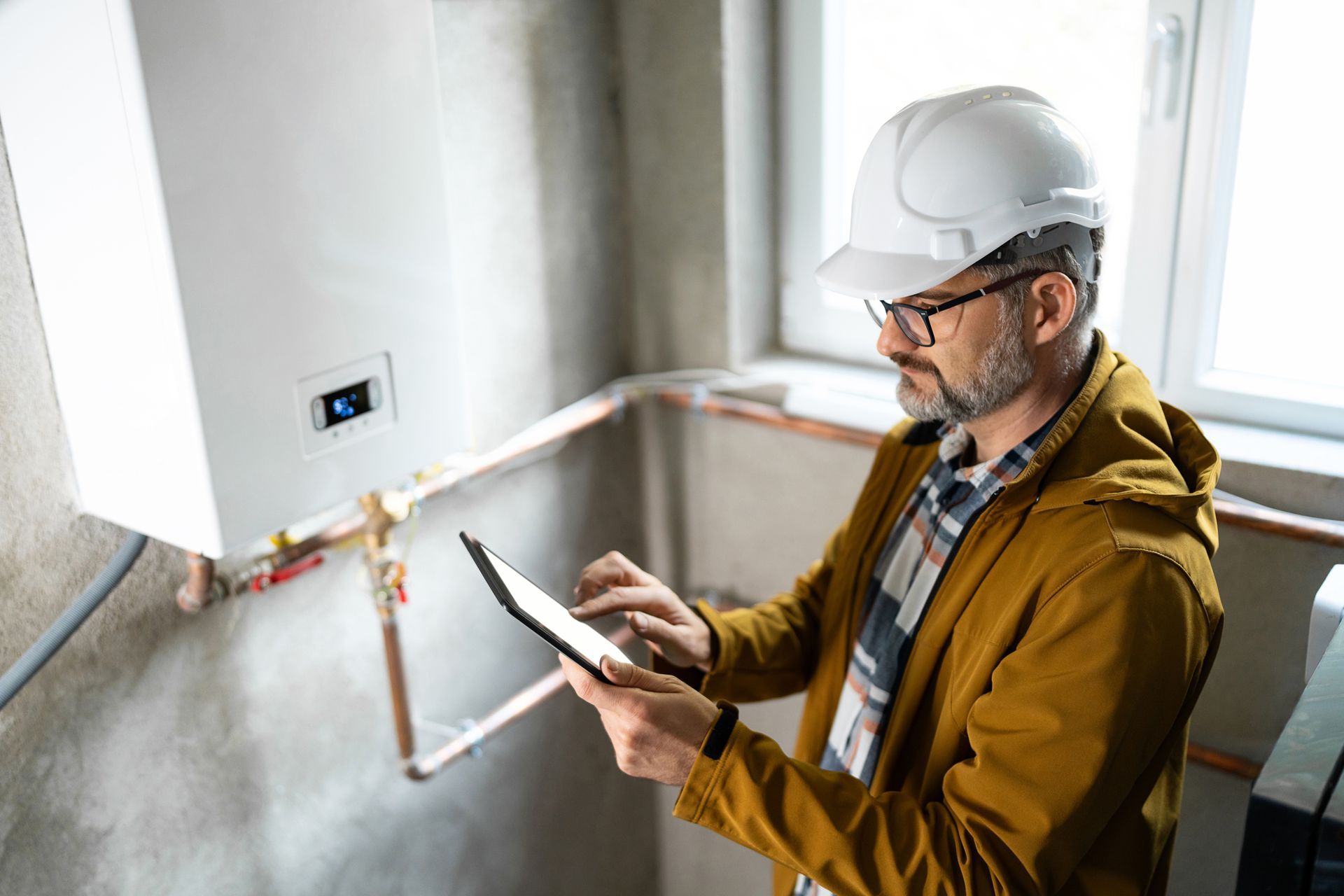 An expert heating tech inspects the unit with a tablet in a bright industrial space.