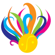 A colorful logo with a yellow ball in the middle
