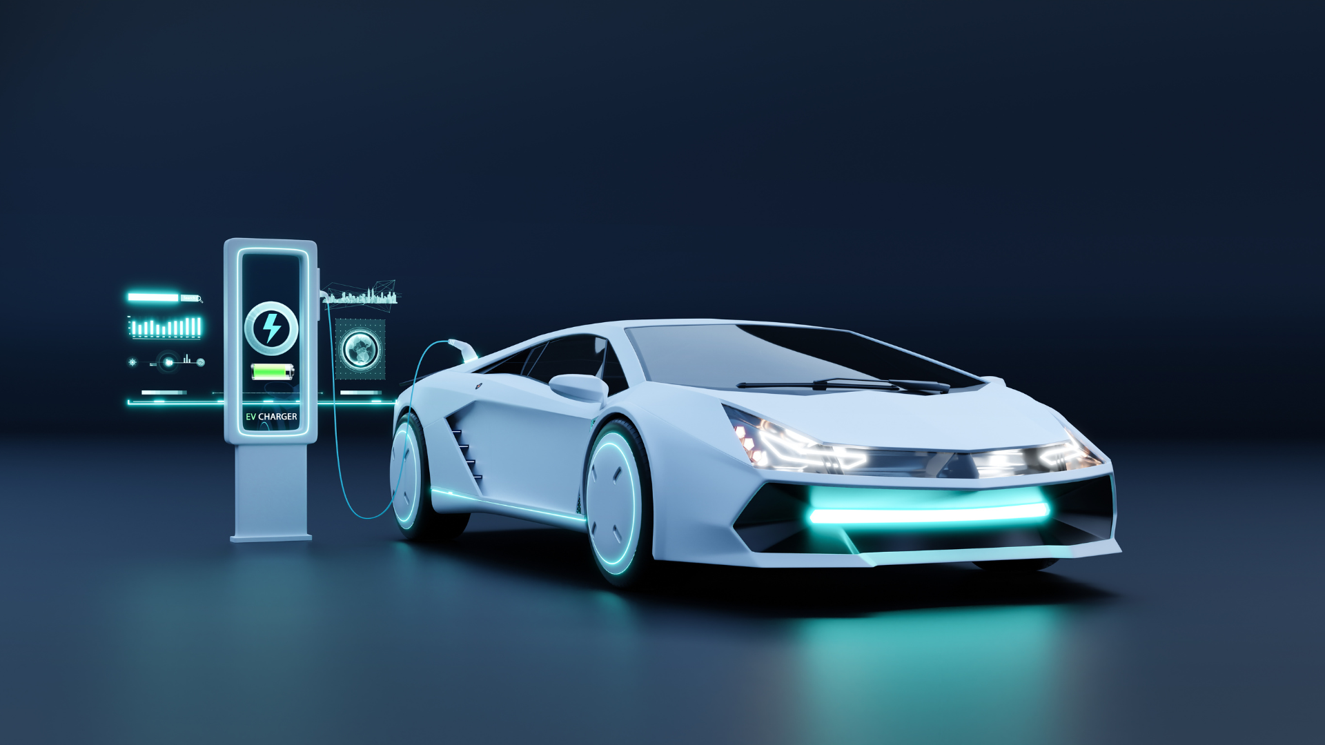 White electric sports car charging at a station; blue neon accents, dark background.