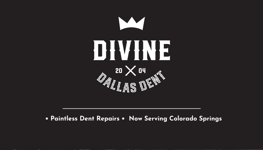 Divine Dallas Dent logo with crown on dark background; “Paintless Dent Repairs • Now Serving Colorado Springs”