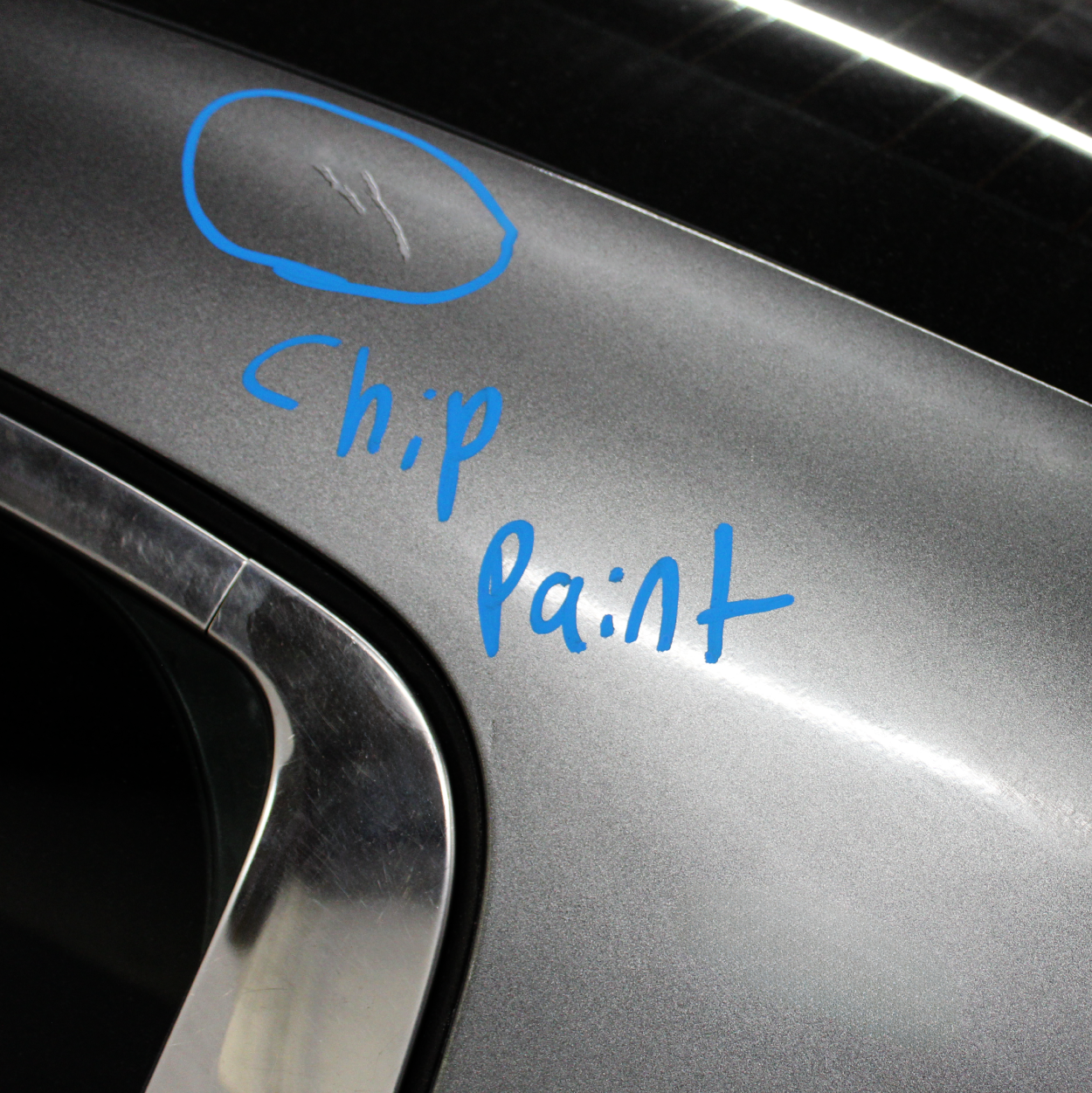 Close-up of a silver car roof with a small chipped paint spot circled in blue.