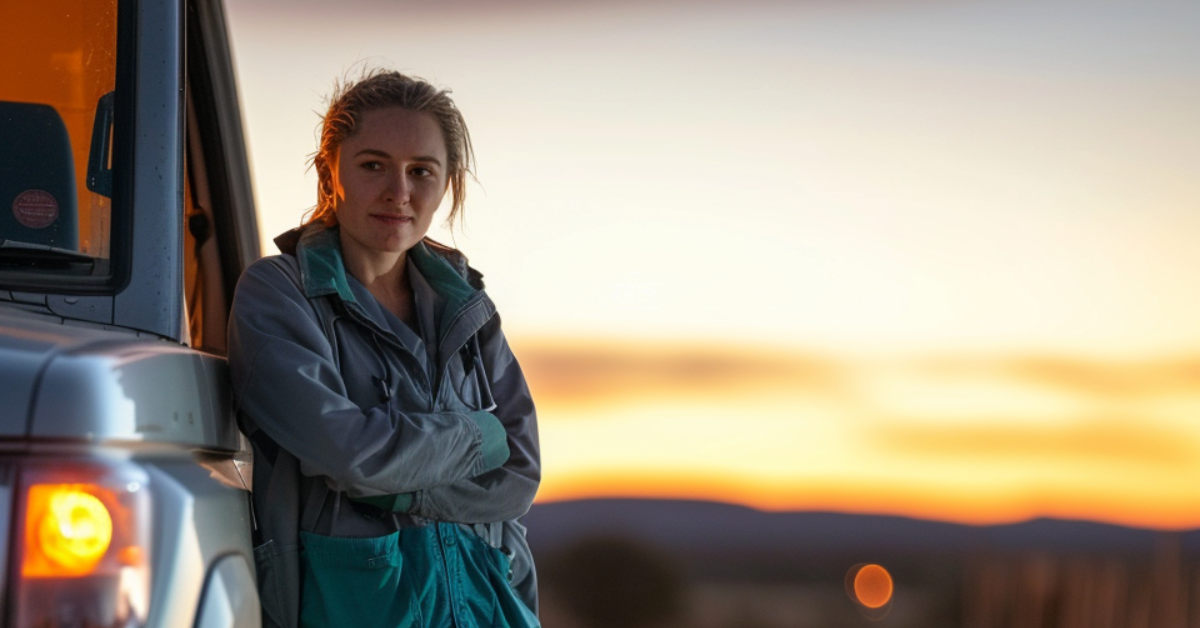 Woman leaning against a truck at sunset, with warm sky and distant lights in the background.
