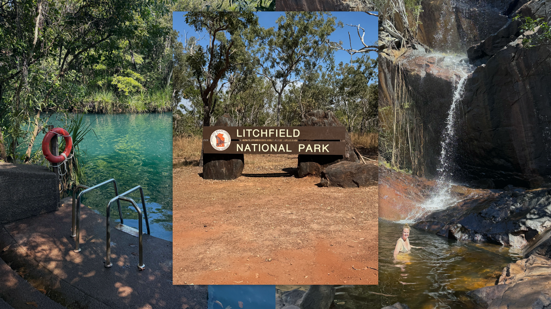Collage of Litchfield National Park waterfall, park sign, and a swimming spot with life ring and ladder