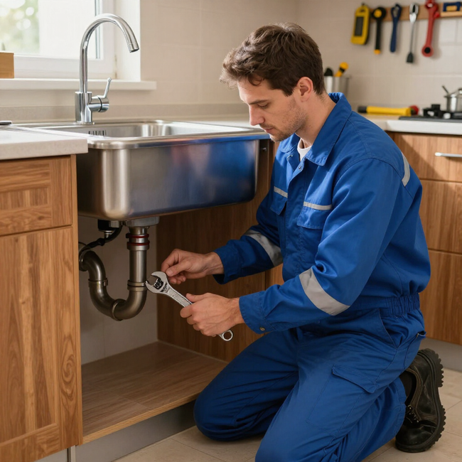 Plumber in blue coveralls tightening pipes under a stainless-steel kitchen sink