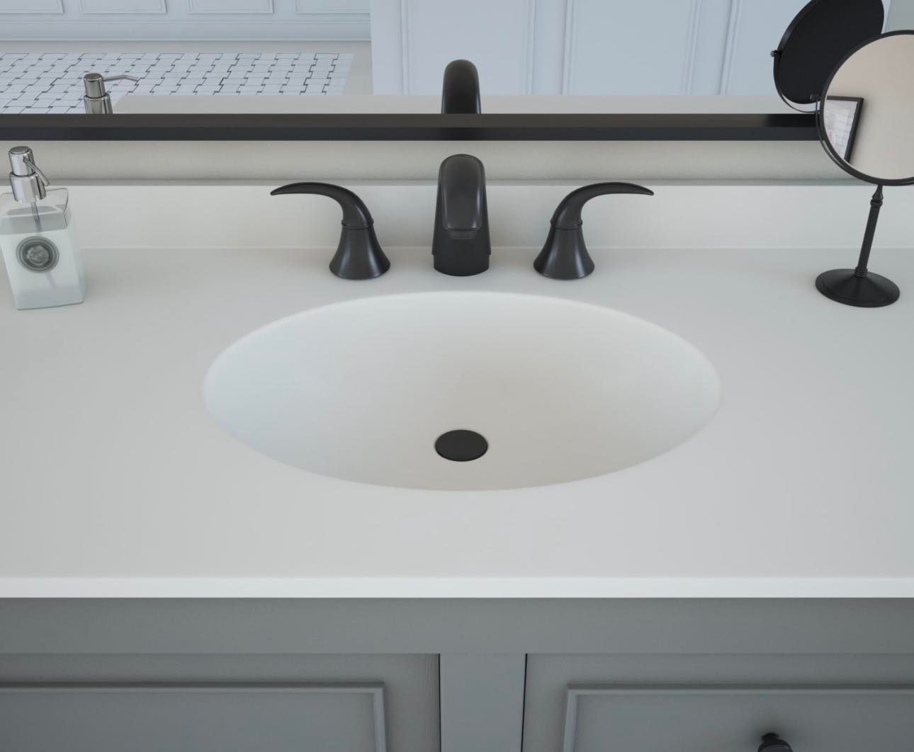 White bathroom sink with black faucet and soap dispensers on a countertop mirror.