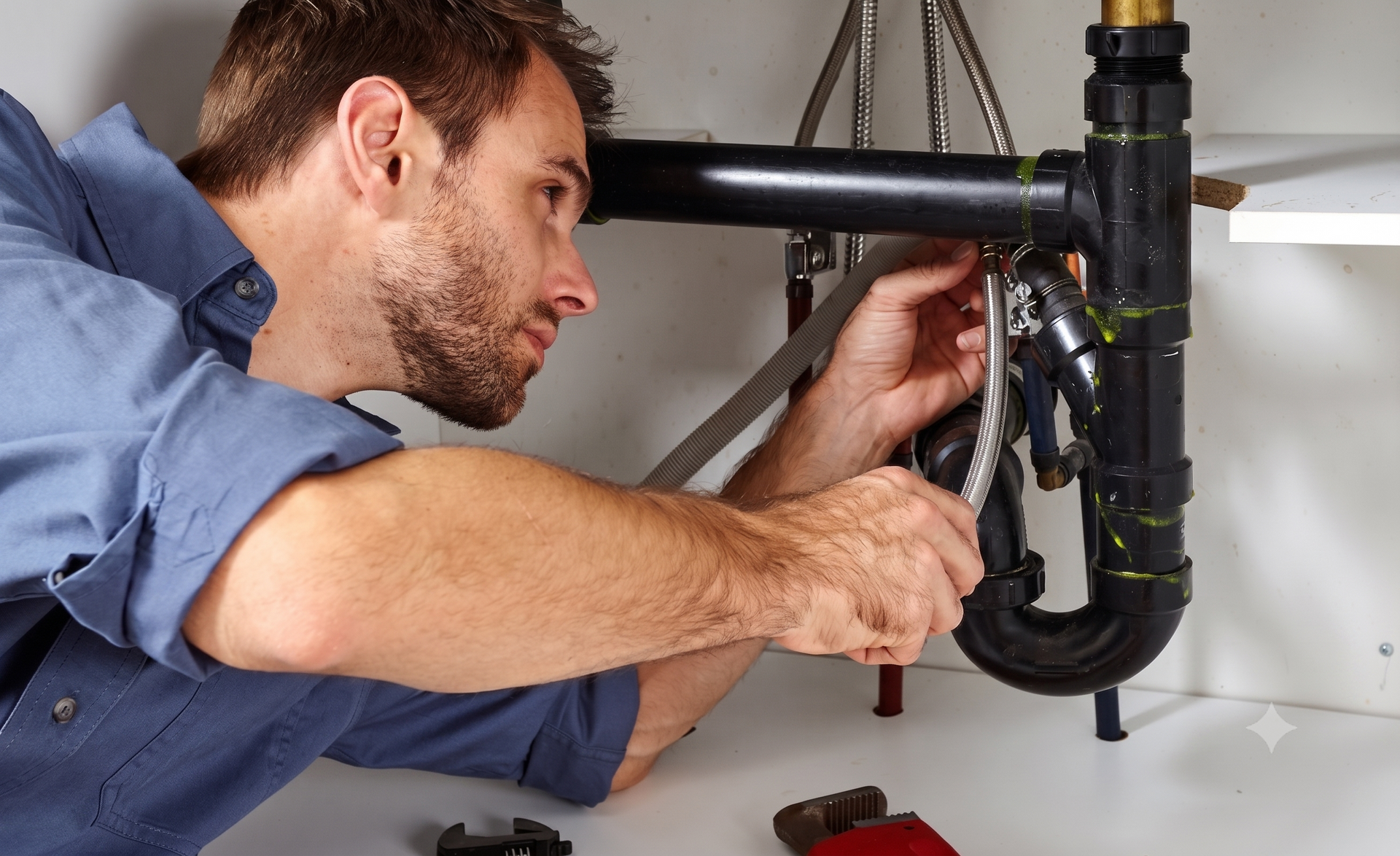 Plumber repairing a black under-sink pipe with a wrench in a white bathroom sink cabinet