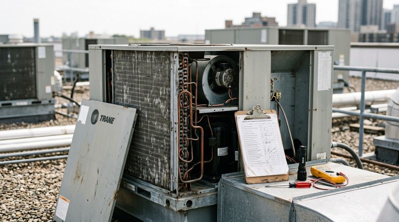 Open HVAC unit on a rooftop with tools and a clipboard beside it