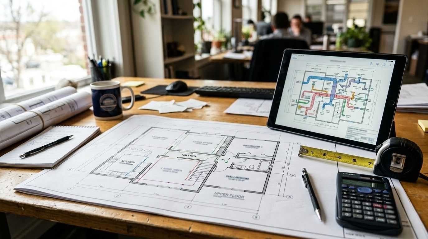 Architectural blueprints on a desk with a laptop, calculator, coffee mug, and drafting tools in an office