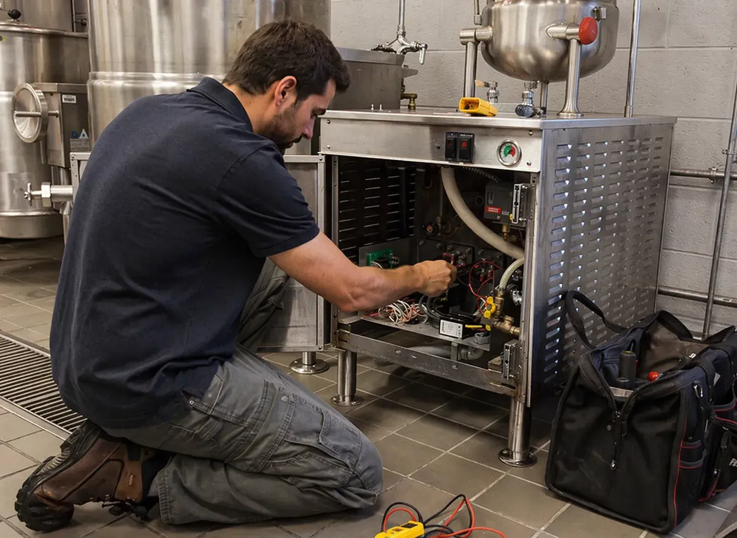 Technician kneeling to repair an industrial machine in a stainless-steel room