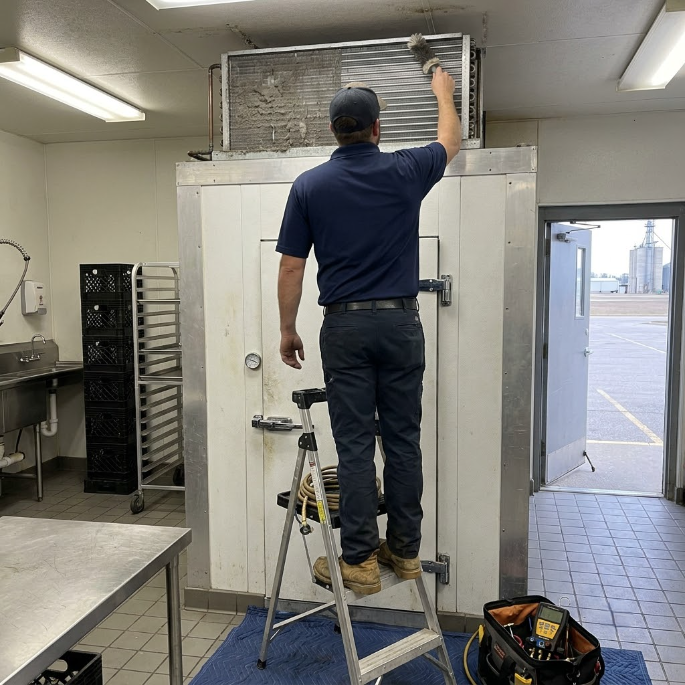 Hand pressing a white wall-mounted home control panel with a small screen and buttons