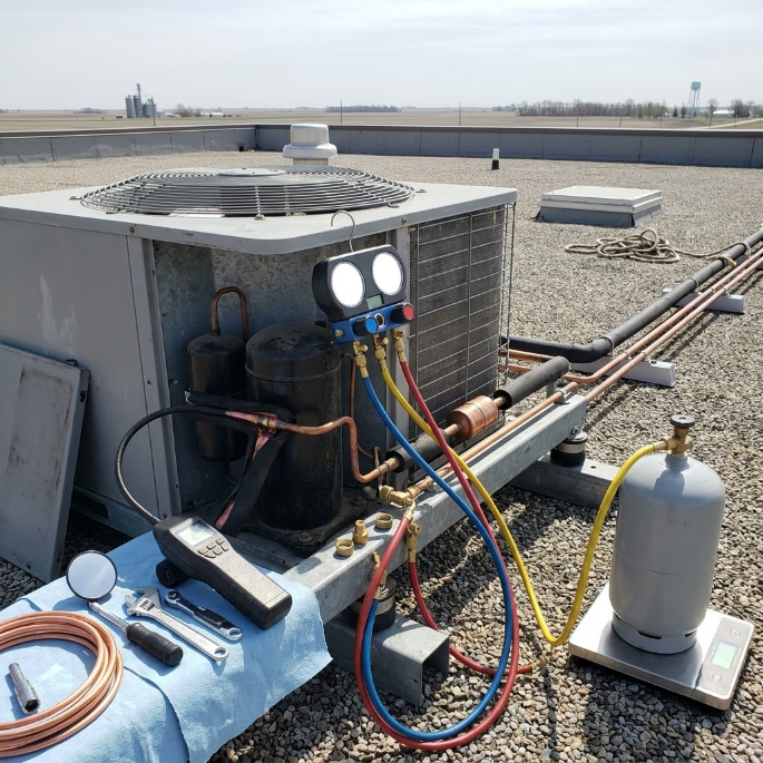 Hand holding HVAC manifold gauge set in front of an outdoor air conditioner unit
