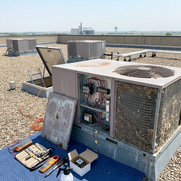 Rows of rooftop HVAC units with metal ducting and railings on a building rooftop