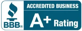BBB Accredited Business A+ Rating badge in teal, blue, and white
