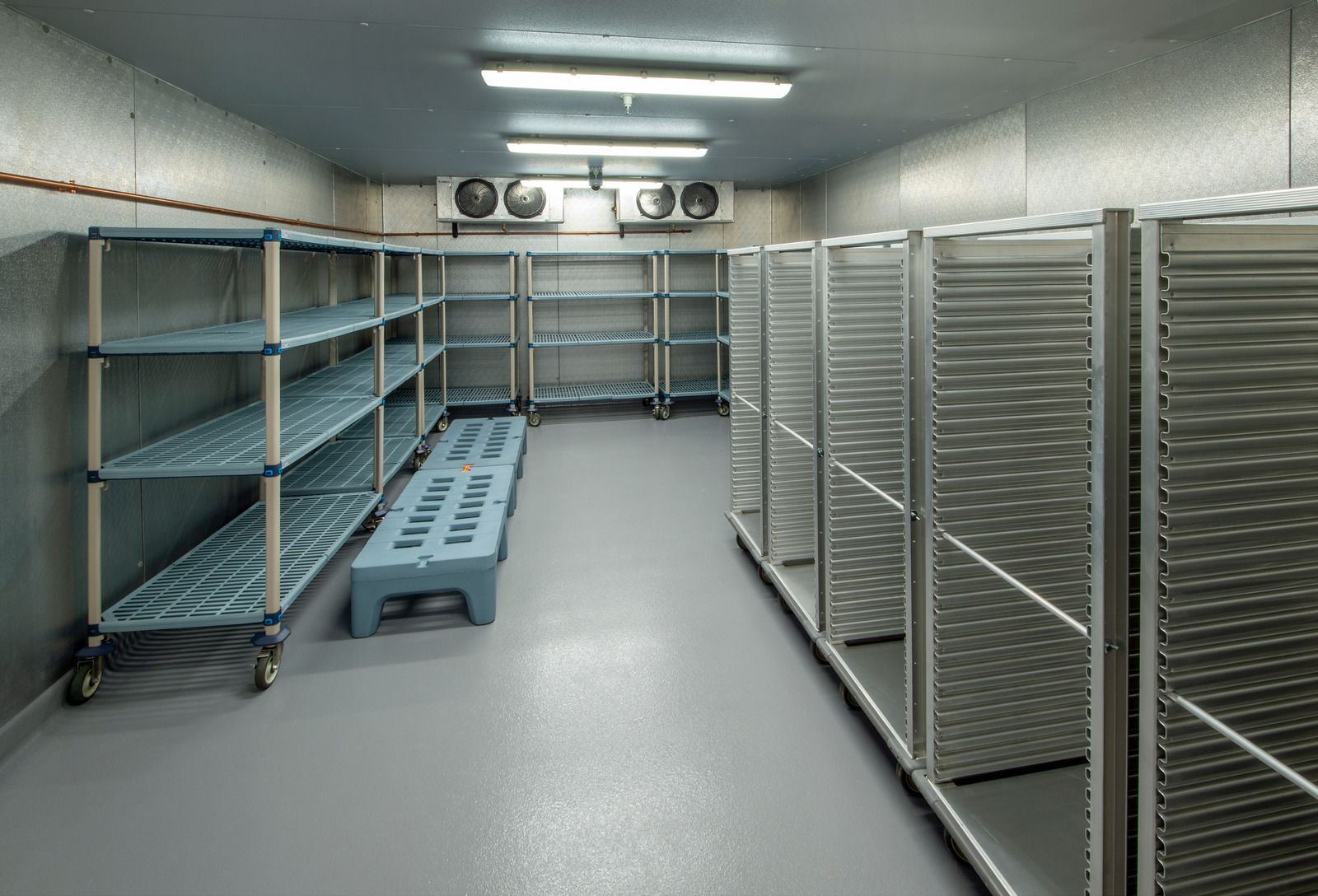 Empty industrial walk-in room with metal shelving, wire racks, and a blue bench under fluorescent lights