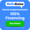 Blue ad for HelloRates home improvement loans offering 100% financing and a green “See Rates” button.