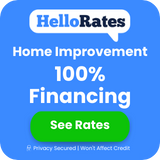 Blue ad for HelloRates home improvement loans offering 100% financing and a green “See Rates” button.