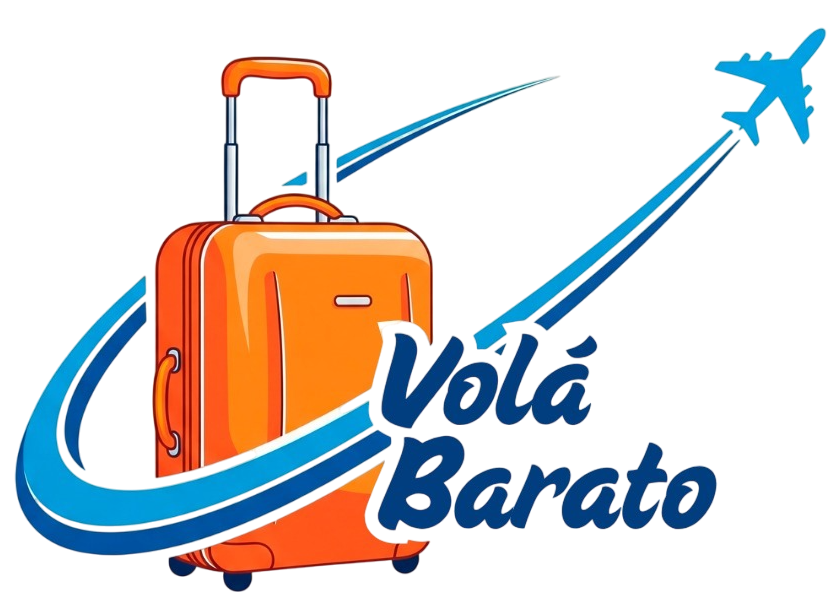 Maleta naranja con líneas azules y un avión, texto 