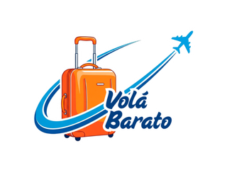 Maleta naranja con estelas azules, un avión y el texto 