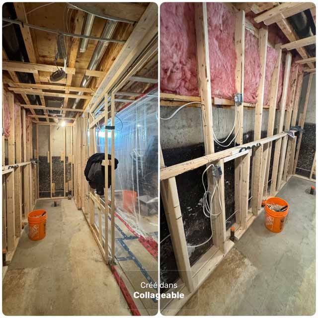 Image en deux panneaux : rénovation de sous-sol en cours, montrant la charpente en bois, l’isolation et le câblage.