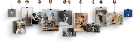 Collage of hanging photo prints on a string, showing urban scenes, portraits, and a blue square card