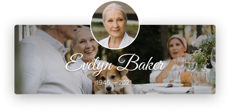 Memorial banner with portrait of Evelyn Baker, dates 1944–2024, over a wedding reception scene