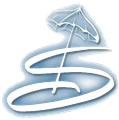 White stylized "S" with a parasol on top and a blue gradient outline.