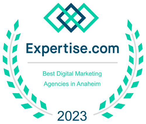Expertise.com badge for Best Digital Marketing Agencies in Anaheim 2023 with a teal logo and laurel wreath.