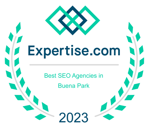 Expertise.com badge for Best SEO Agencies in Buena Park 2023, featuring a laurel wreath and teal geometric icon.