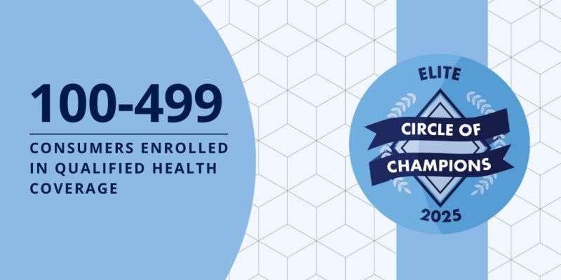 Graphic with blue and white elements. Text states