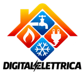 Logo di Digitalettrica con il profilo di una casa e icone per acqua, fuoco, elettricit&agrave; e raffrescamento