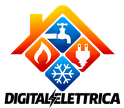Logo di Digitalettrica con il profilo di una casa e icone per acqua, fuoco, elettricità e raffrescamento