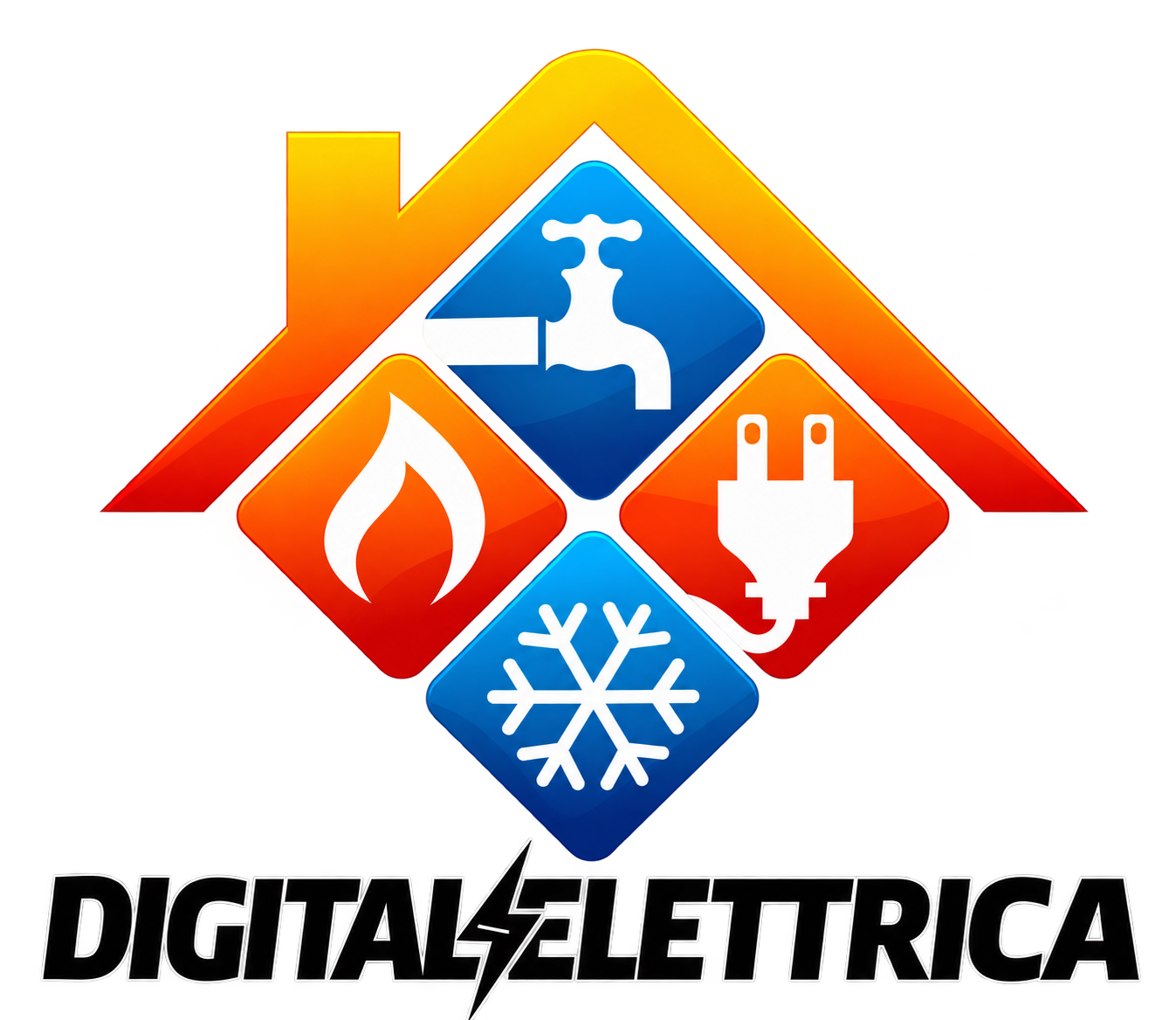 Logo di Digitalettrica con il profilo di una casa e icone per acqua, fuoco, elettricità e raffrescamento