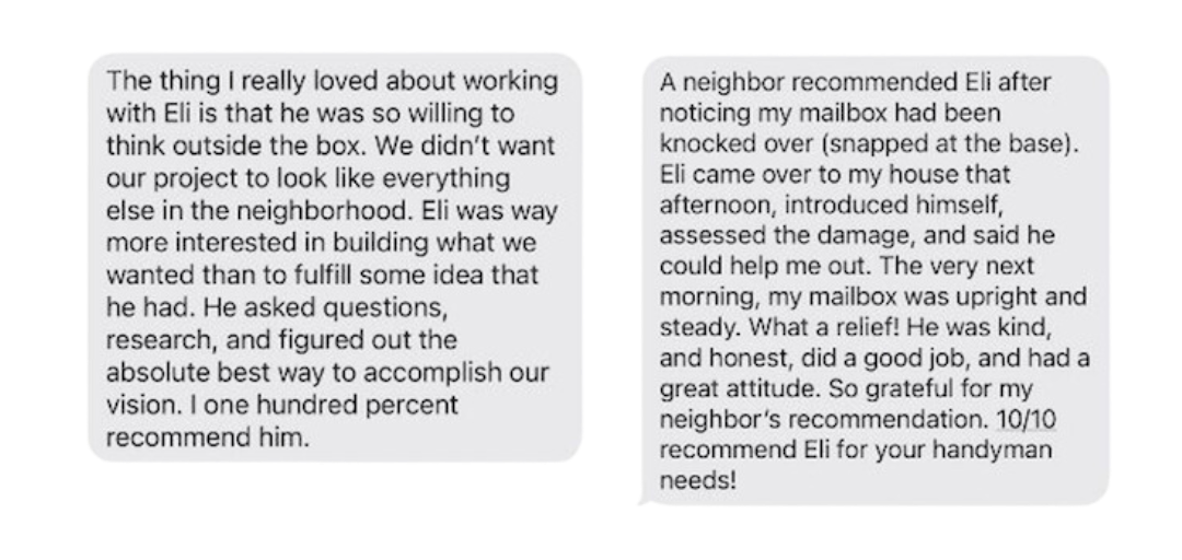 Two reviews regarding the great work Eli Shipley Handyman provides to his clients.