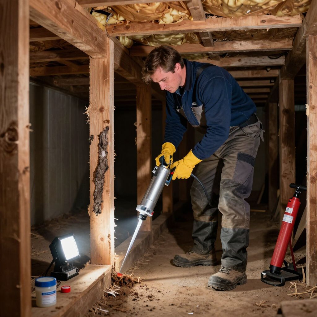 A person in a crawl space uses a tool to treat wood damage. Yellow gloves, a spotlight, and a red jack are visible.