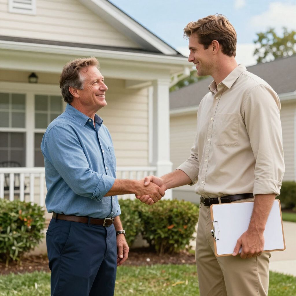 Man shaking hands with another man in front of a house, both smiling. The man on the right holds a clipboard.