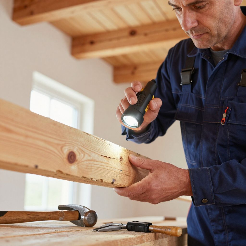 Man in blue overalls inspects wood beam with flashlight in a workshop.