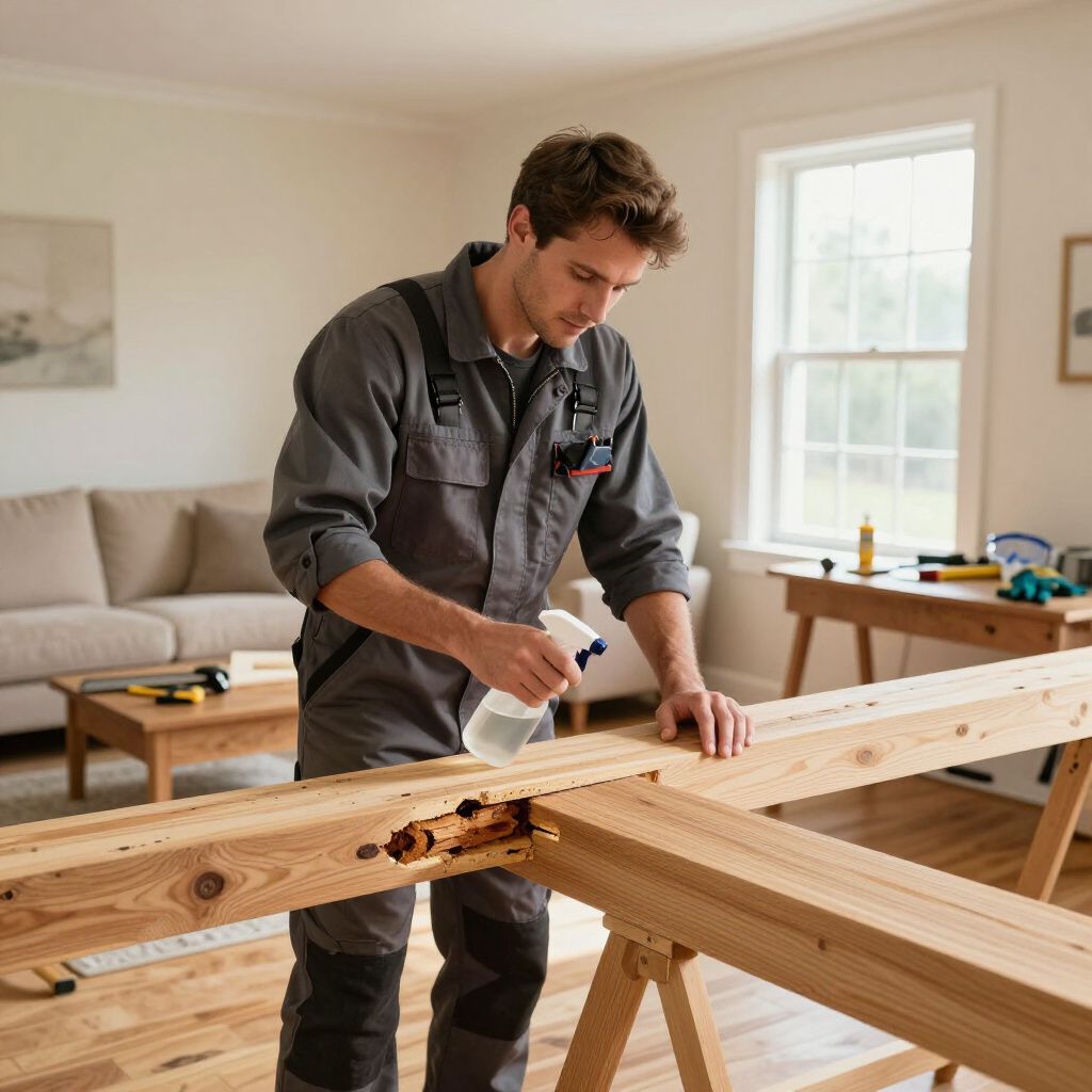 Man spraying wood with a spray bottle in a living room, working on a wooden frame.