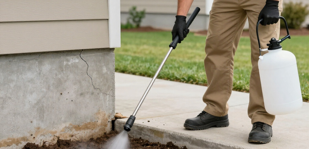 Person spraying insecticide along a building's foundation.