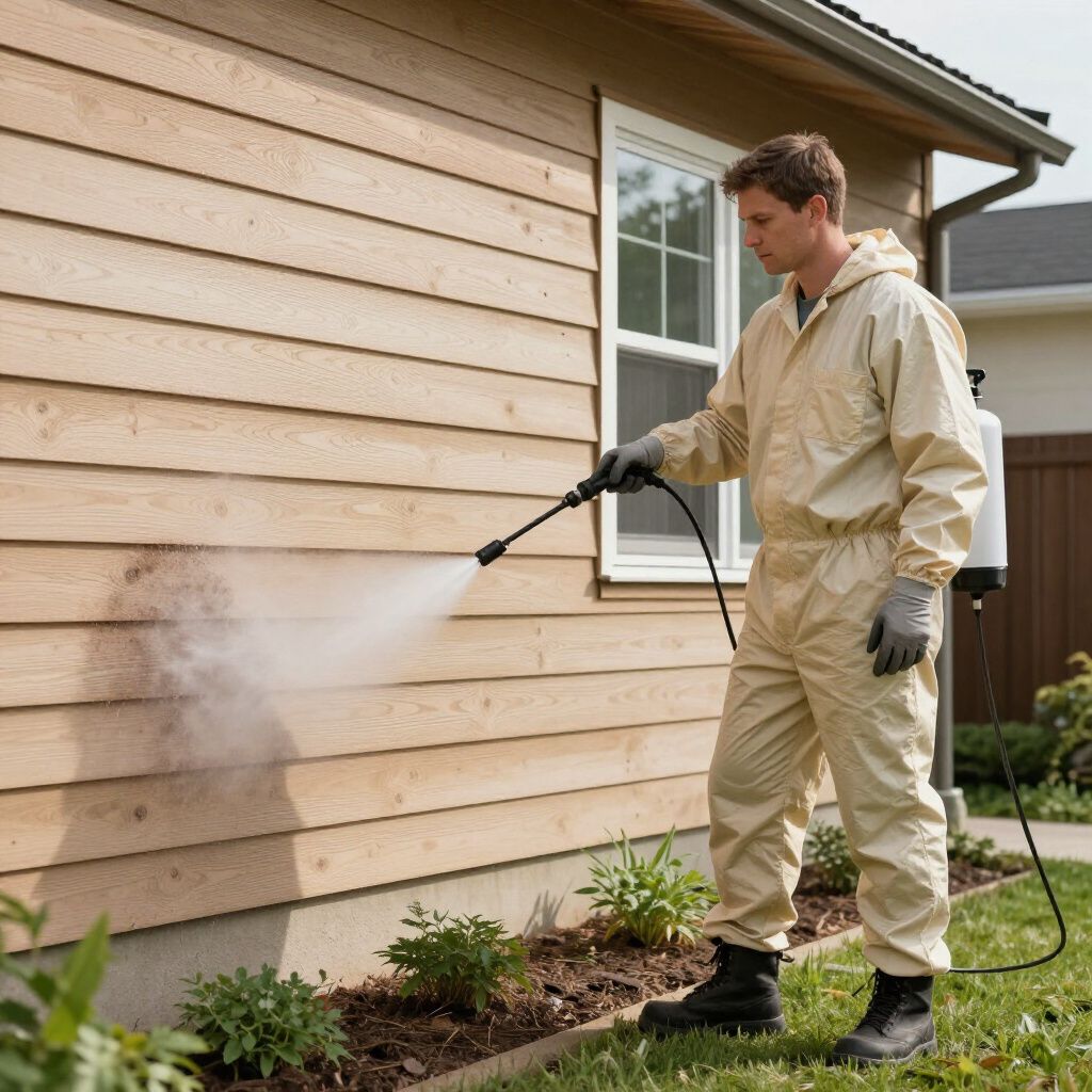 Man in protective suit sprays insecticide on a house's siding.
