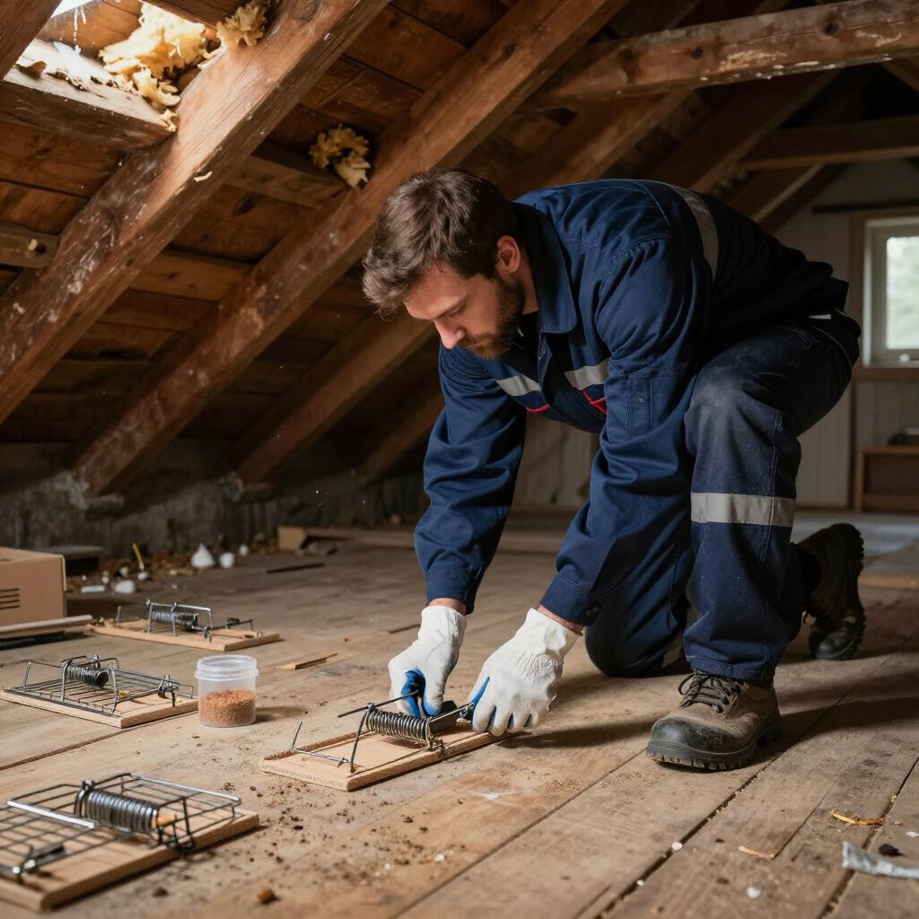 Man in blue jumpsuit setting mousetraps in an attic.
