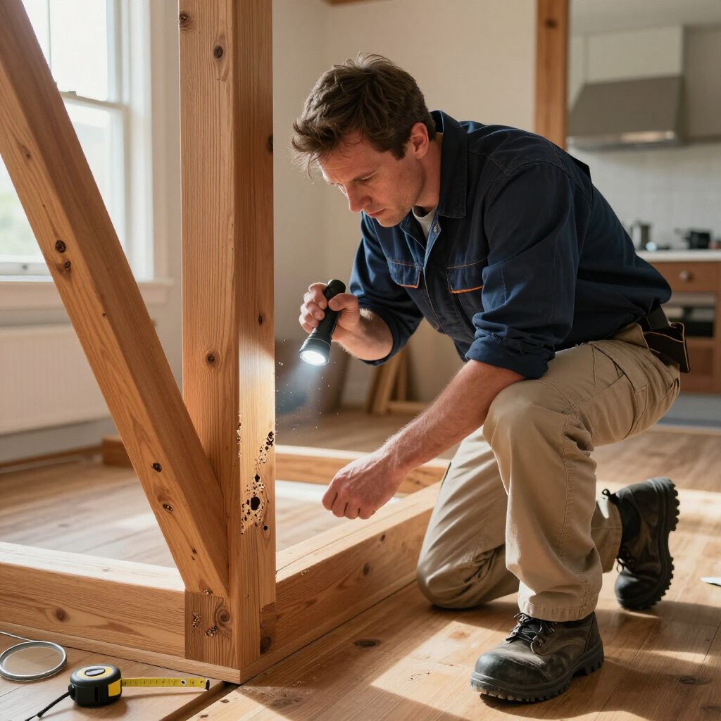 Man inspecting wooden beams with a flashlight in a house interior.
