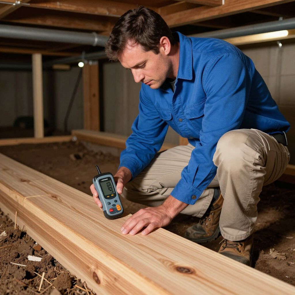 Man in blue shirt, inspecting wood with a moisture meter in a crawl space.