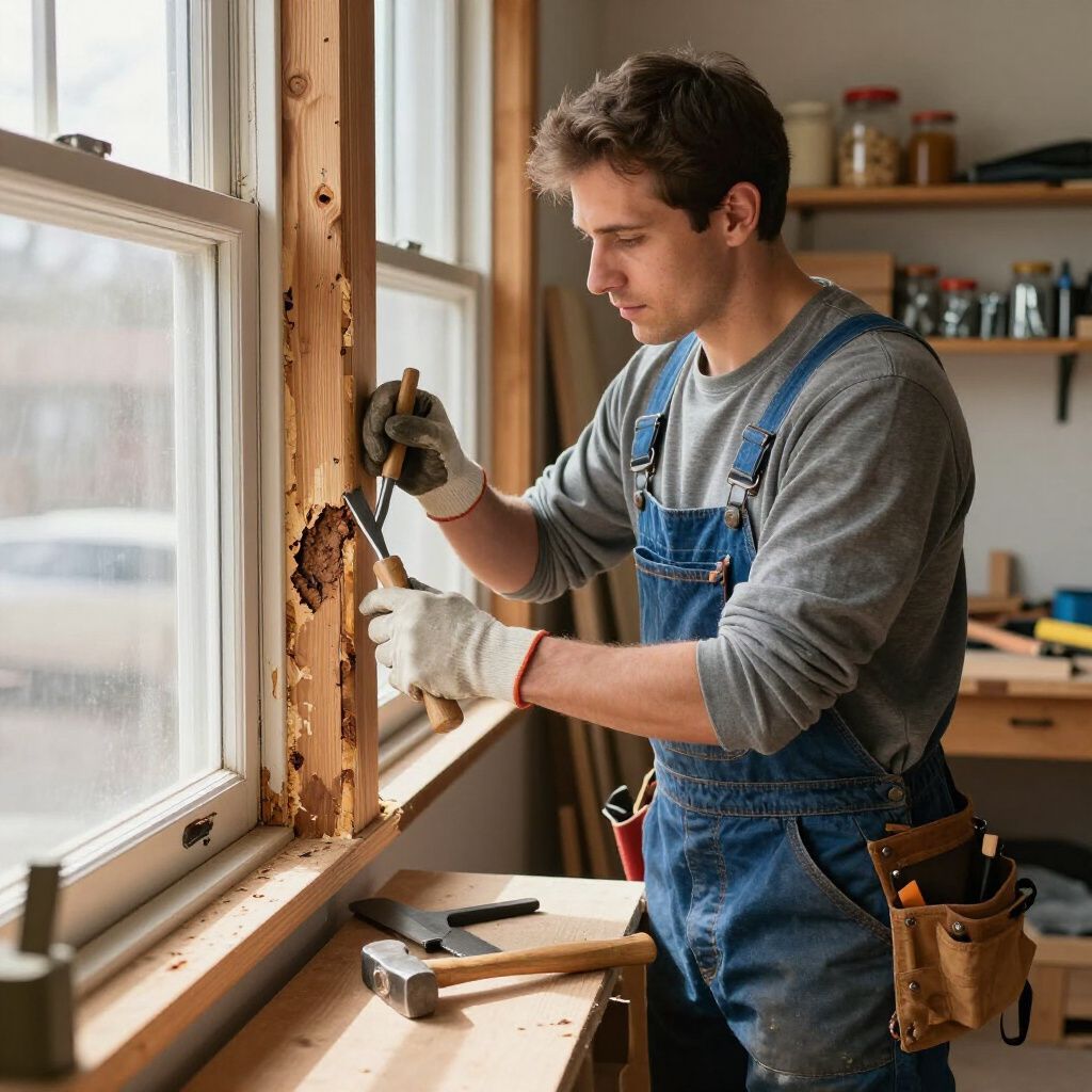 Man in overalls chiseling wood around a window frame in a workshop.