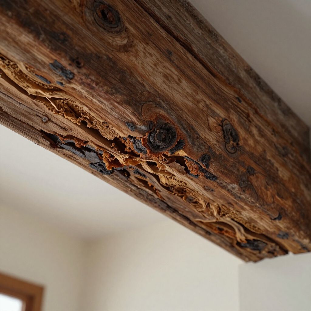Wooden beam with deep, textured gouges, set against a blurred light-colored wall and ceiling.