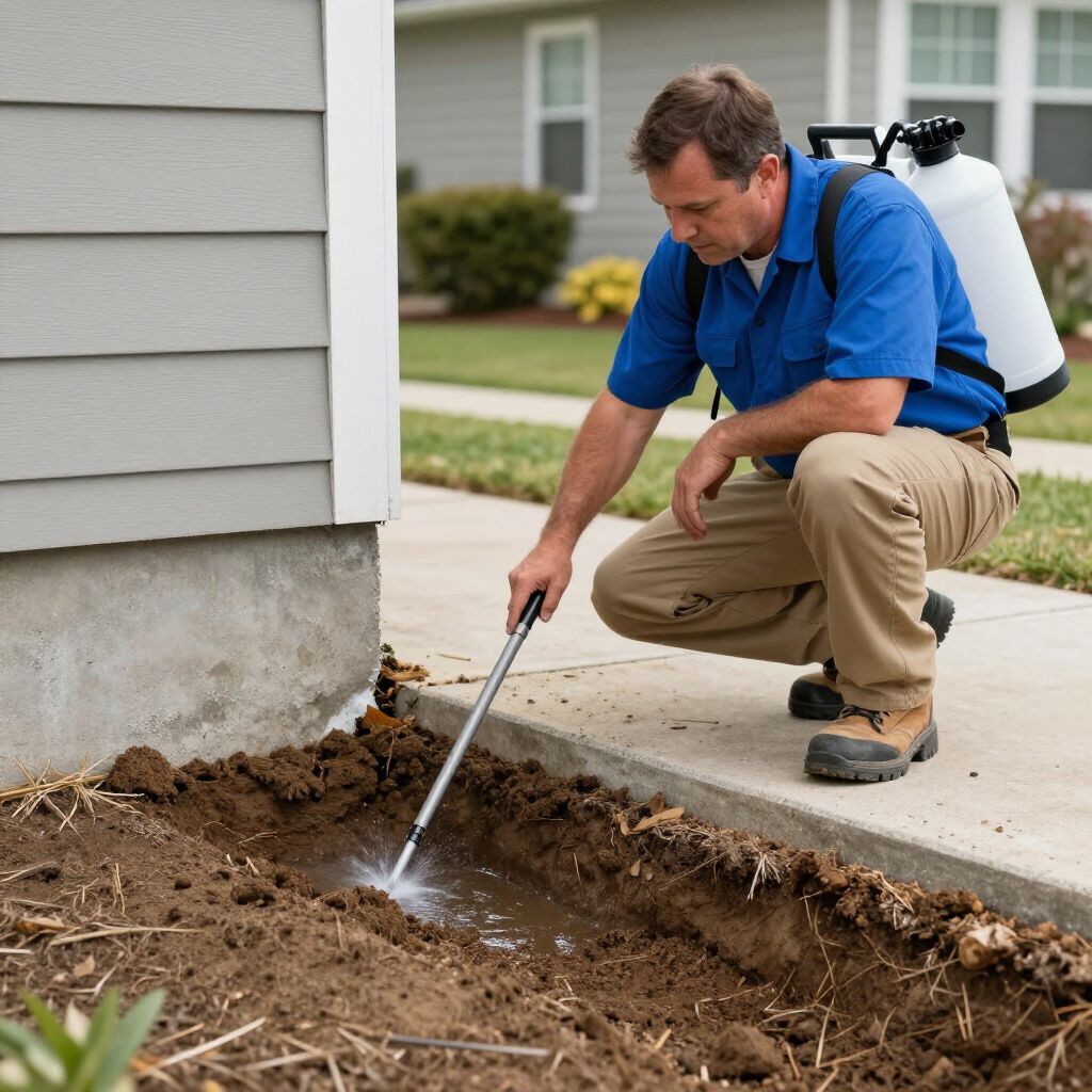 Pest control worker spraying insecticide along foundation of a house.