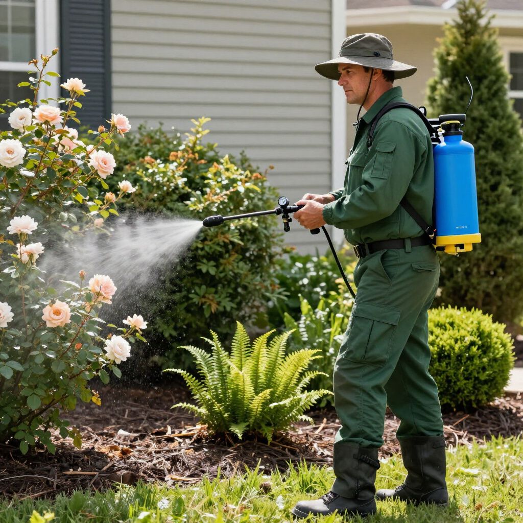 Man spraying rose bush with blue and yellow sprayer, in front of a house.