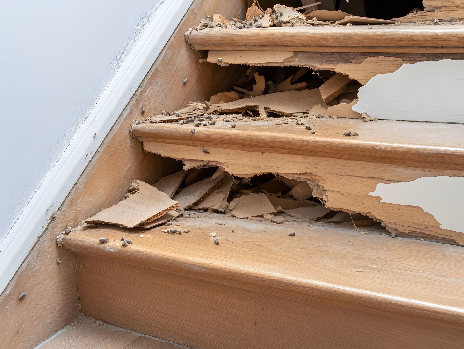 Damaged wooden stairs with large sections of wood missing, showing internal structure.