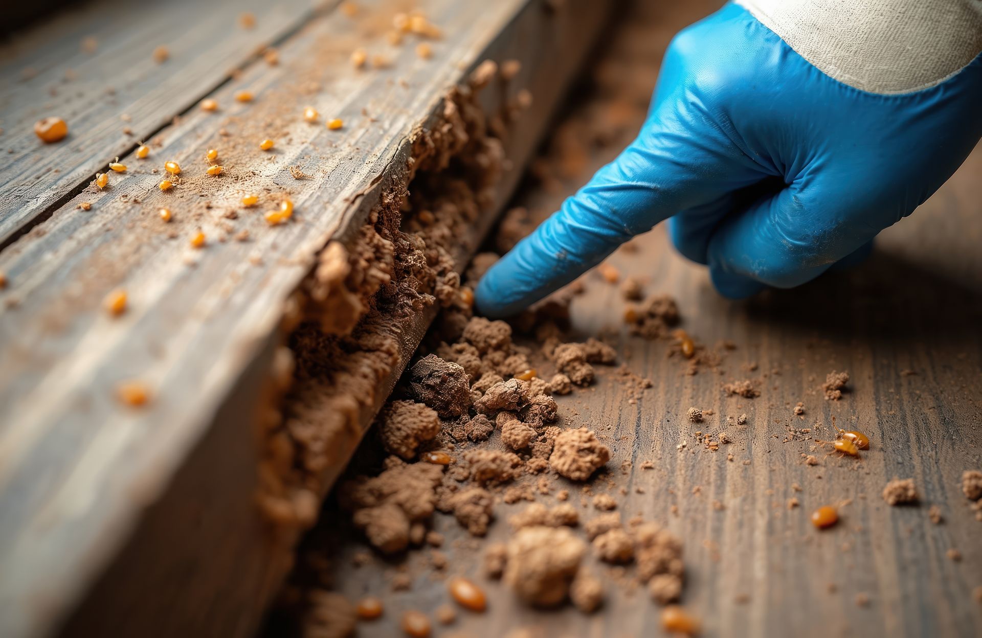 A gloved hand pointing at wood infested with termite frass on a wooden surface.