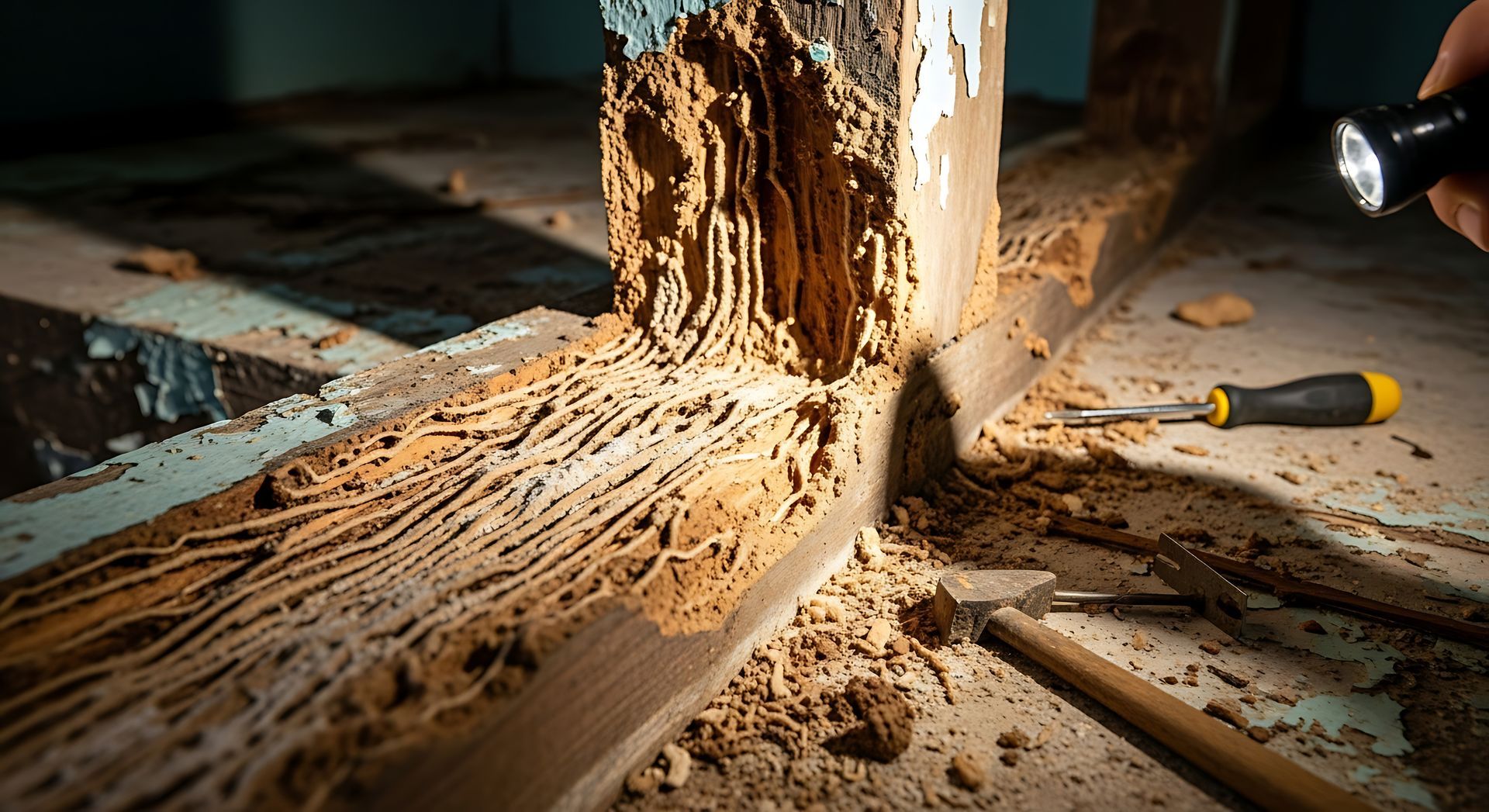 Termite-infested wooden beam with exposed tunnels, illuminated by a flashlight.